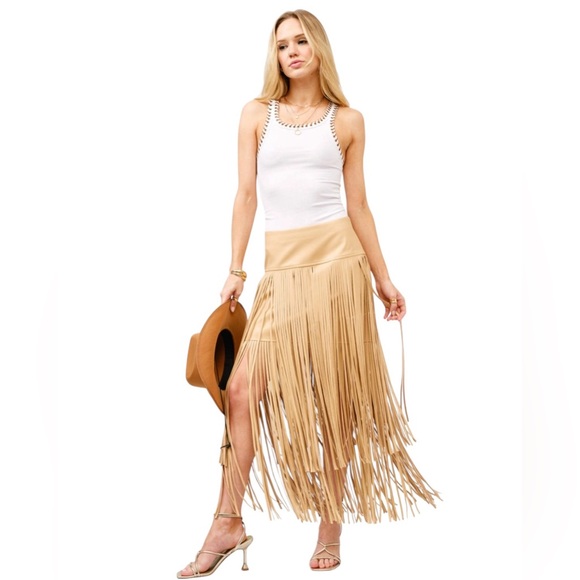 blue b Dresses & Skirts - New blue b Tan Faux Leather Tiered Carwash Fringe Festival Western Mini Skirt